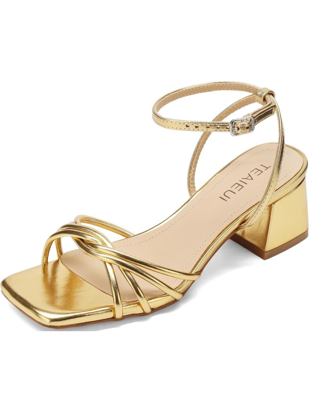 Women's Gold Square Open Toe Strappy Ankle Strap Stylish Low Chunky Heel Sandals